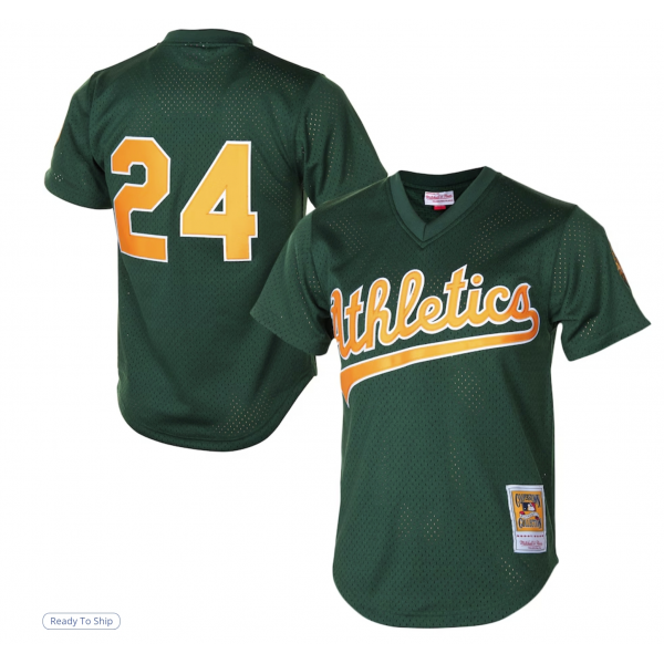 Men's Athletics Rickey Henderson Mitchell & Ness Green 1998 Cooperstown Mesh Batting Practice Jersey