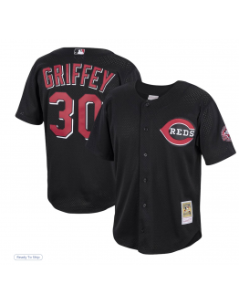 Men's Cincinnati Reds Ken Griffey Jr. Mitchell & Ness Black Cooperstown Collection Mesh Batting Practice Button-Up Jersey