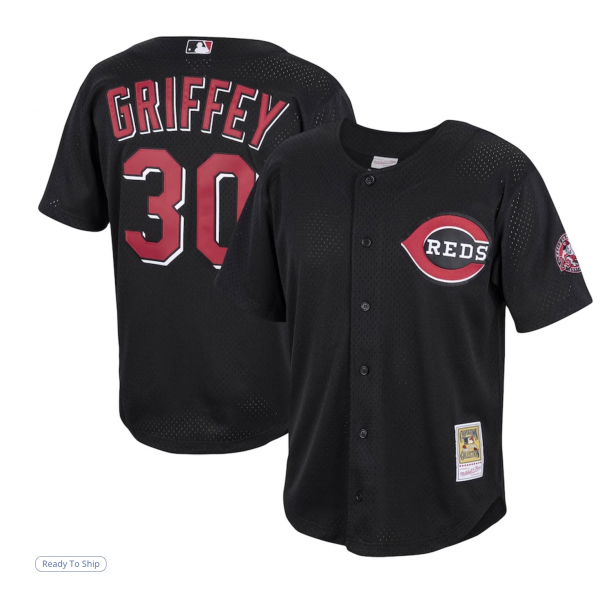 Men's Cincinnati Reds Ken Griffey Jr. Mitchell & Ness Black Cooperstown Collection Mesh Batting Practice Button-Up Jersey