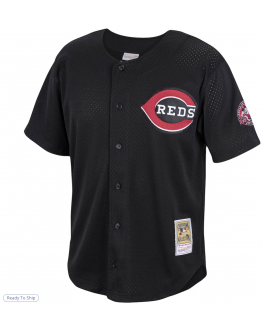 Men's Cincinnati Reds Ken Griffey Jr. Mitchell & Ness Black Cooperstown Collection Mesh Batting Practice Button-Up Jersey