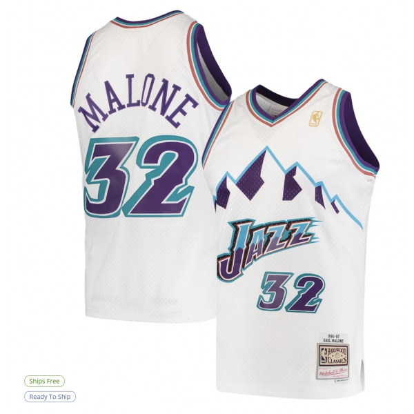 Men's Utah Jazz Karl Malone Mitchell & Ness White 1996/97 Hardwood Classics Swingman Jersey