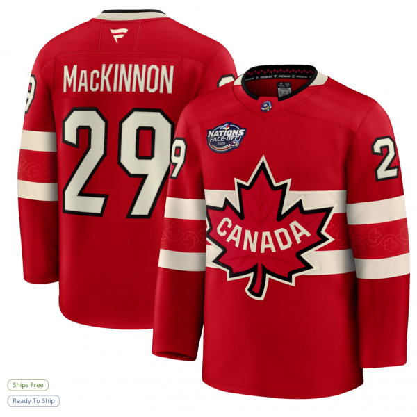 Men's Canada Nathan MacKinnon Fanatics Red 2025 4 Nations Face-Off Premium Jersey